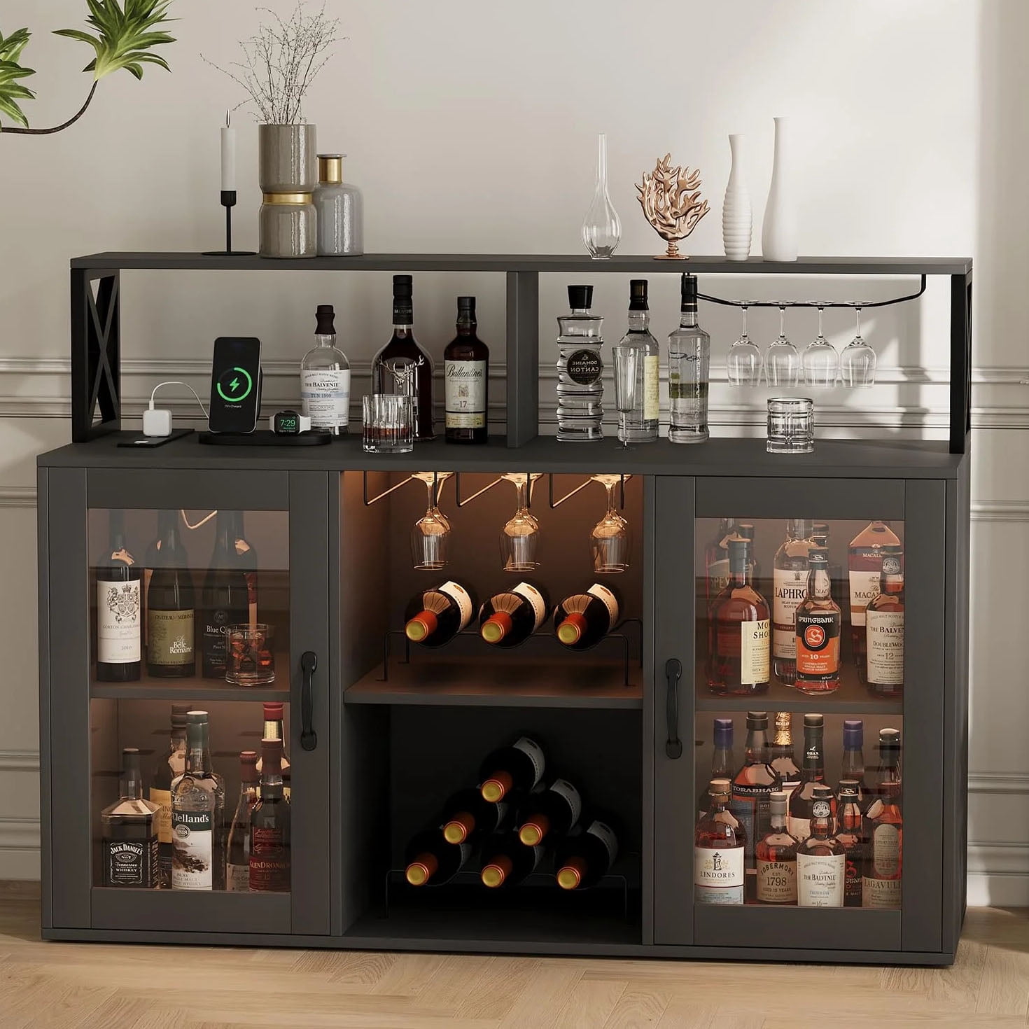 Twister.CK Modern Bar Cabinet with Charging Station, RGB LED Lights ...