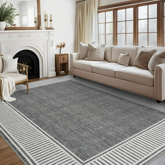 Twister.CK Modern Bordered 10' x 13' Area Rug, Washable Soft Non Slip Low Pile Stain Resistant Carpet Rugs, for Living Room Dining Room, Gray
