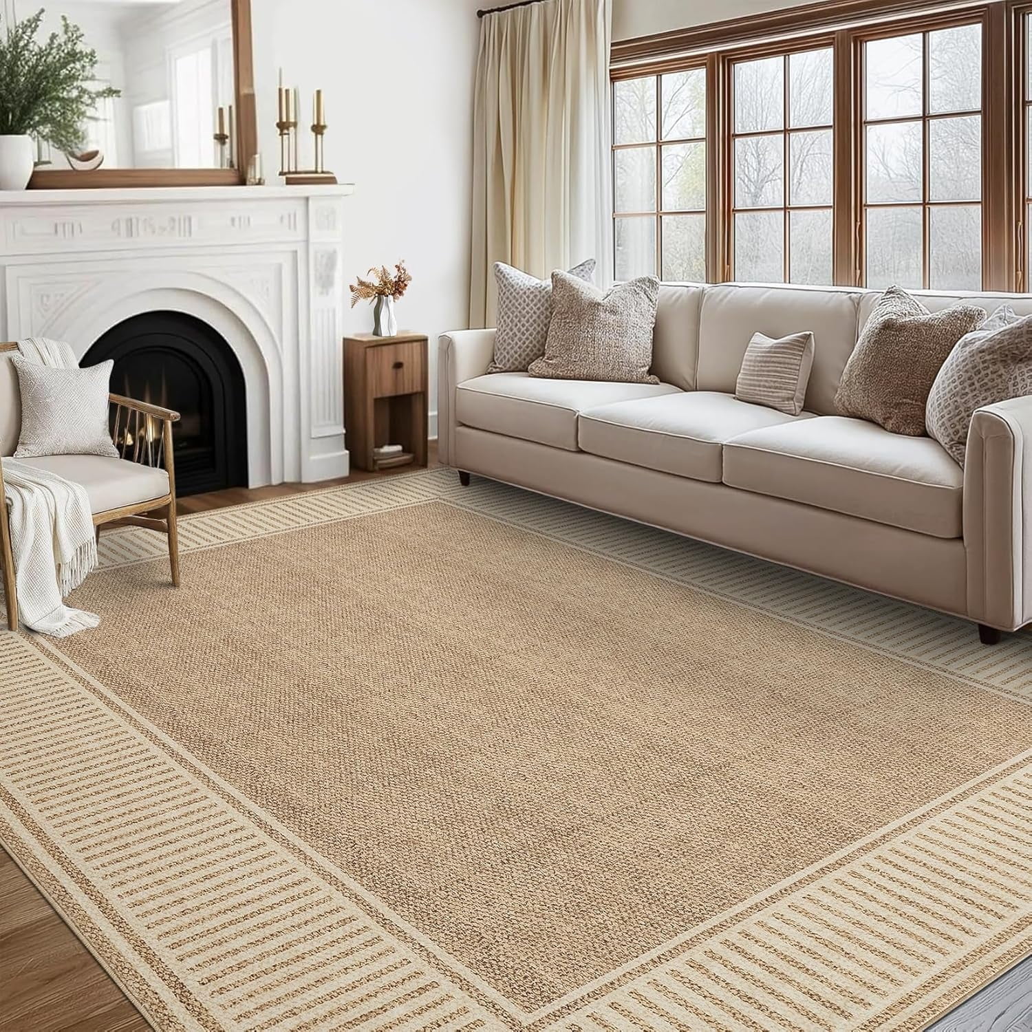 Memoryfield Modern Bordered 5' x 7' Area Rug, Washable Soft Non Slip Low Pile Stain Resistant Carpet Rugs, for Living Room Dining Room, Khaki