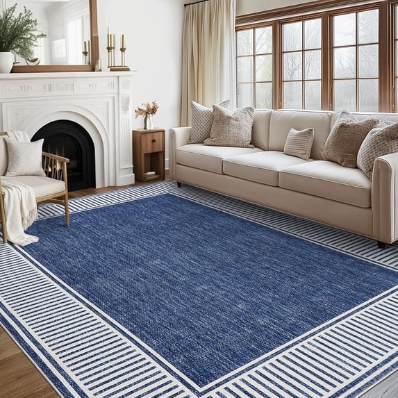 Memoryfield Modern Bordered 9' x 12' Area Rug, Washable Soft Non Slip Low Pile Stain Resistant Carpet Rugs, for Living Room Dining Room, Blue