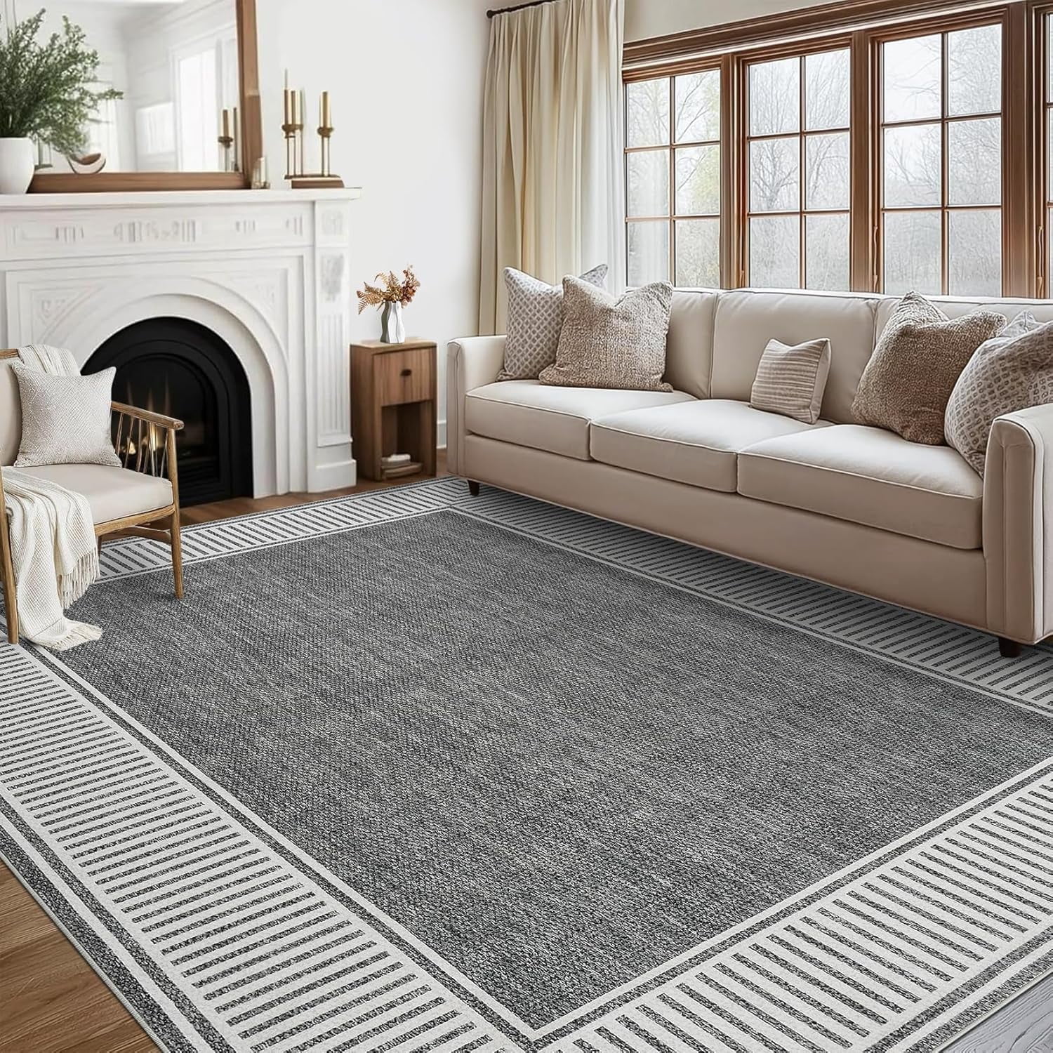 Memoryfield Modern Bordered 9' x 12' Area Rug, Washable Soft Non Slip Low Pile Stain Resistant Carpet Rugs, for Living Room Dining Room, Gray