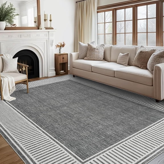Memoryfield Modern Bordered 9' x 12' Area Rug, Washable Soft Non Slip Low Pile Stain Resistant Carpet Rugs, for Living Room Dining Room, Gray