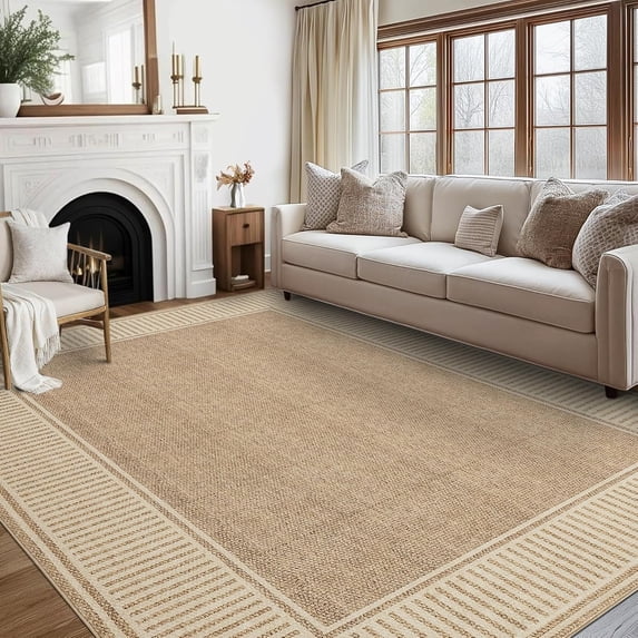Memoryfield Modern Bordered 9' x 12' Area Rug, Washable Soft Non Slip Low Pile Stain Resistant Carpet Rugs, for Living Room Dining Room, Khaki