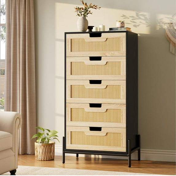Twister.CK Natural Rattan 5 Drawer Dresser, Wooden Chest of Drawer, Farmhouse Storage Cabinet with Metal Legs, for Bedroom Living Room Entryway, Black & Oak
