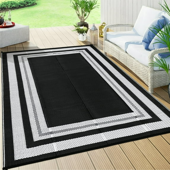 Twister.CK Outdoor Rug 8' x 10' Waterproof Patio Rug, Reversible Plastic Outside Carpet Storage Bag, for RV Camping Deck Balcony Porch, Black & White