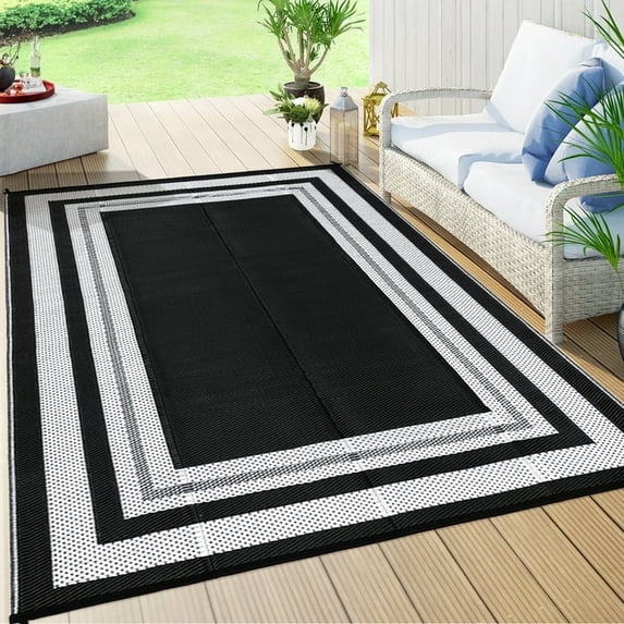 Memoryfield Twister.CK outdoor rug 8 ft x 10 ft, waterproof reversible plastic patio carpet with storage bag, Black and White