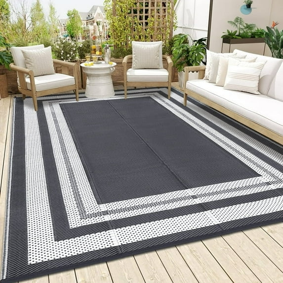 Twister.CK Outdoor Rug 8' x 10' Waterproof Patio Rug, Reversible Plastic Outside Carpet Storage Bag, for RV Camping Deck Balcony Porch, Gray & White