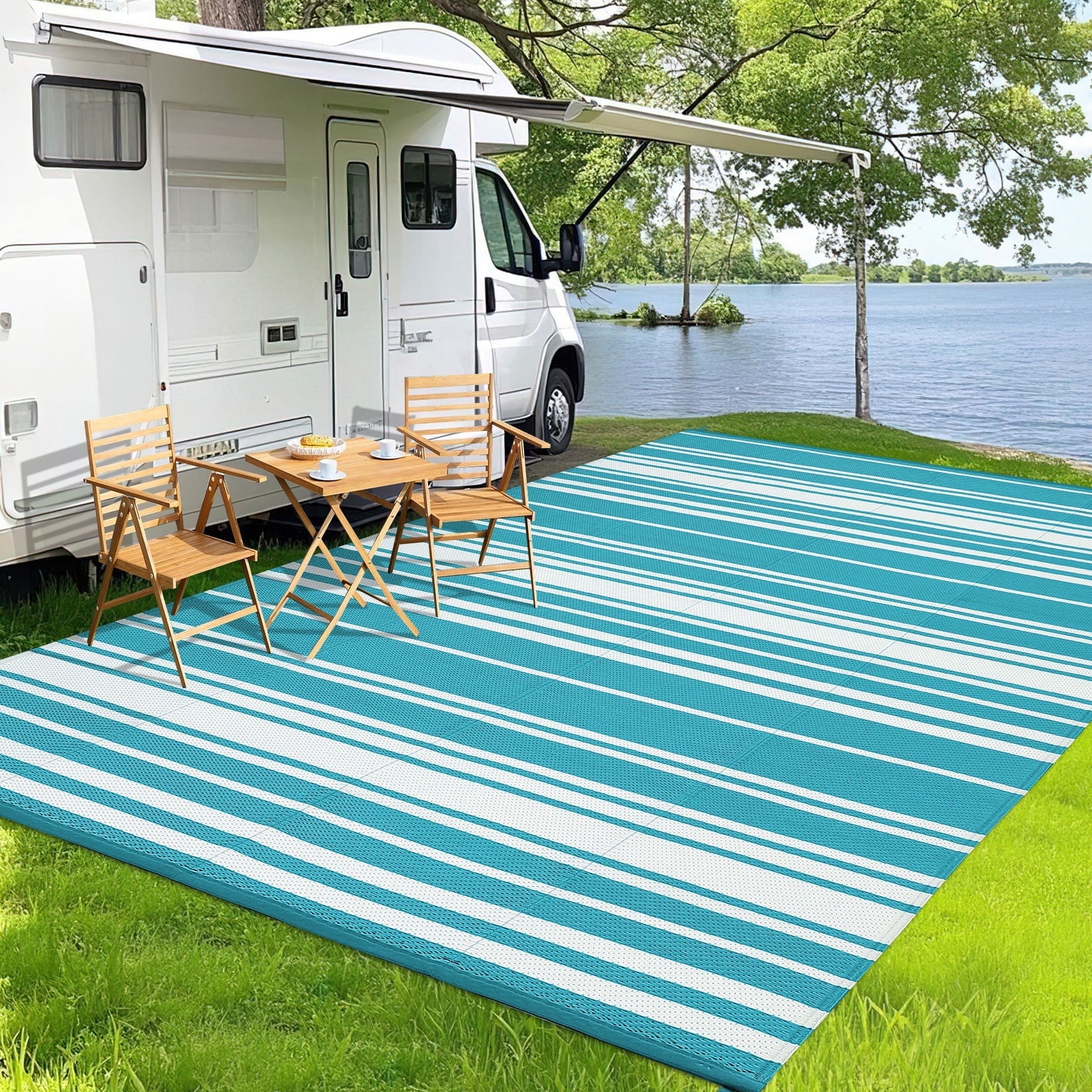 Twister.CK Outdoor Rug 8' x 10' Waterproof Patio Rug, Reversible Plastic Outside Carpet, Striped Camping Straw Rugs, for RV Camping Deck Balcony Backyard, Light Blue