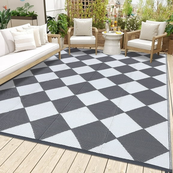 Twister.CK Outdoor Rug 8'x10' Waterproof Patio Rug, Reversible Lightweight Plastic Carpet for Deck Balcony Porch Decor, Gray and White