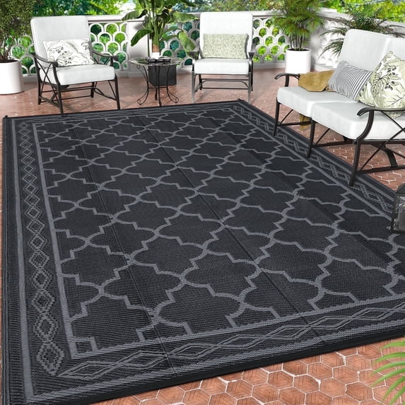 Twister.CK Outdoor Rug 8x10ft Waterproof for Patios, Plastic Straw Rug Camping Carpet Mats for Picnic, Backyard, Deck, Balcony, Porch, Beach, Black & Gray