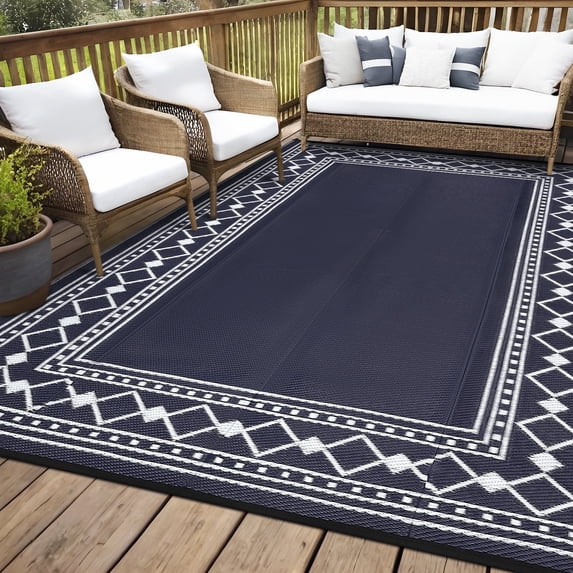 Memoryfield Outdoor Rug 9' x 12' Waterproof Patio Rug, Reversible Plastic Outside Carpet for RV Camping Deck Balcony Porch, Dark Blue