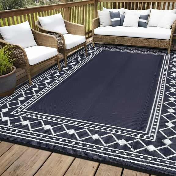 Twister.CK Outdoor Rug 9' x 18' Waterproof Patio Rug, Reversible Plastic Outside Carpet for RV Camping Deck Balcony Porch, Dark Blue