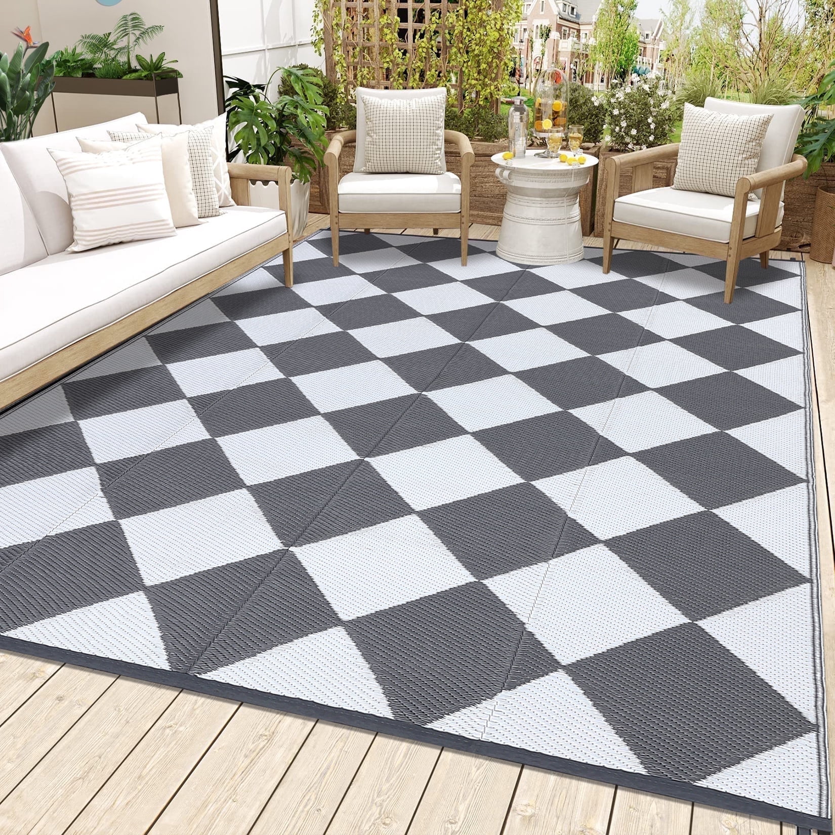Twister.CK Outdoor Rug 9'x18' Waterproof Patio Rug, Reversible Lightweight Plastic Carpet for Deck Balcony Porch Decor, Gray and White