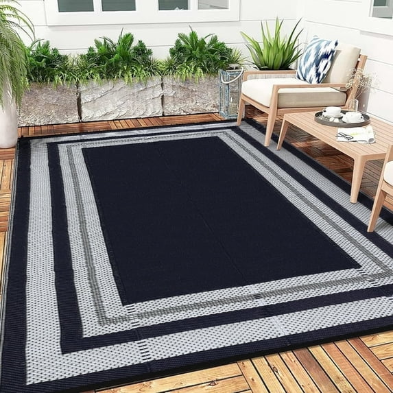 Twister.CK Outdoor Rug 9'x18' Waterproof Patio Rug, Reversible Plastic Outside Carpet Storage Bag, for RV Camping Deck Balcony Porch, Dark Blue & White