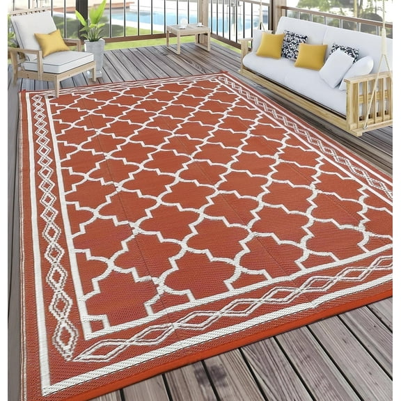 Twister.CK Outdoor Rug 9x12ft Waterproof for Patios, Plastic Straw Rug Camping Carpet Mats for Picnic, Backyard, Deck, Balcony, Porch, Beach, Red & White