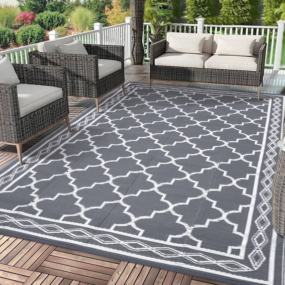 Twister.CK Outdoor Rug 9x18ft Waterproof for Patios, Plastic Straw Rug Camping Carpet Mats for Picnic, Backyard, Deck, Balcony, Porch, Beach, Gray & White