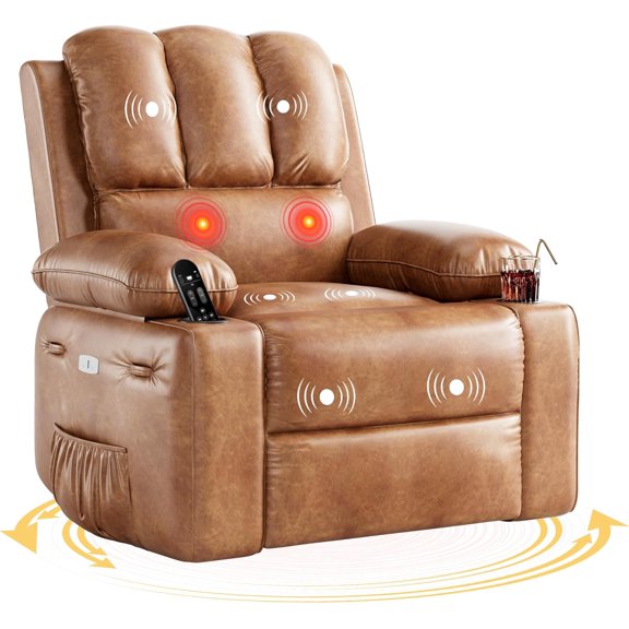 Twister.CK Oversized Electric Recliner Chair with Massage & Heat, 360° Swivel Rocker Lounge Recliner, Single Sofa Chair with Remote Control & Cup Holder, Living Room Bedroom, Brown