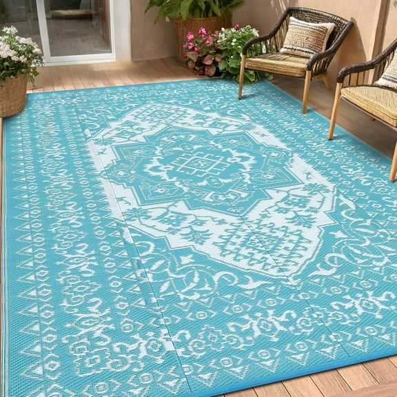 Twister.CK Patio Outdoor Rug, 8' x 10' Waterproof Reversible Plastic Straw Rugs, Outside Carpet RV Mat for Patio Camp Balcony Deck Picnic, Light Blue & White