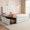 thumbnail image 1 of Memoryfield Queen Size Bed Frame with 4 Storage Drawers and Headboard, Faux Leather Upholstered Platform Bed Frame with Wooden Slats Support, No Box Spring Needed, Beige, 1 of 9