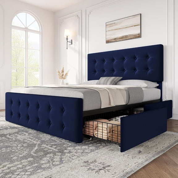 Memoryfield Queen Size Bed Frame with 4 Storage Drawers and Headboard, Velvet Upholstered Platform Bed Frame with Wooden Slats Support, No Box Spring Needed, Blue