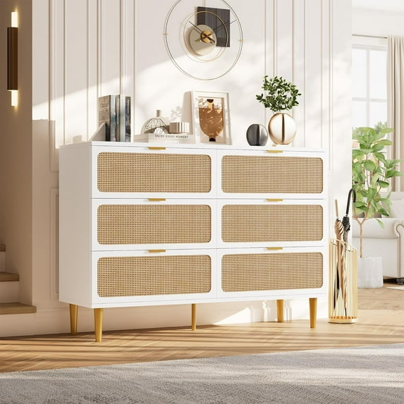 Twister.CK Rattan 6 Drawer Dresser for Bedroom, Large Double Dresser with Deep Drawers, Wooden Chest of Drawers for Closet with Wide Top, for Living Room, Hallway, White