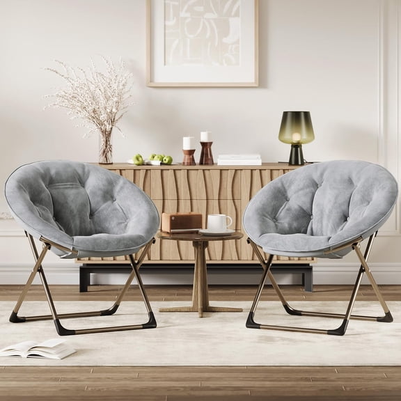 Twister.CK Set of 2 Folding Saucer Chair for Adult, Collapsible Oversized Cozy Moon Chair for Adults, Metal Frame Lounge Chair for Bedroom Living Room, Gray