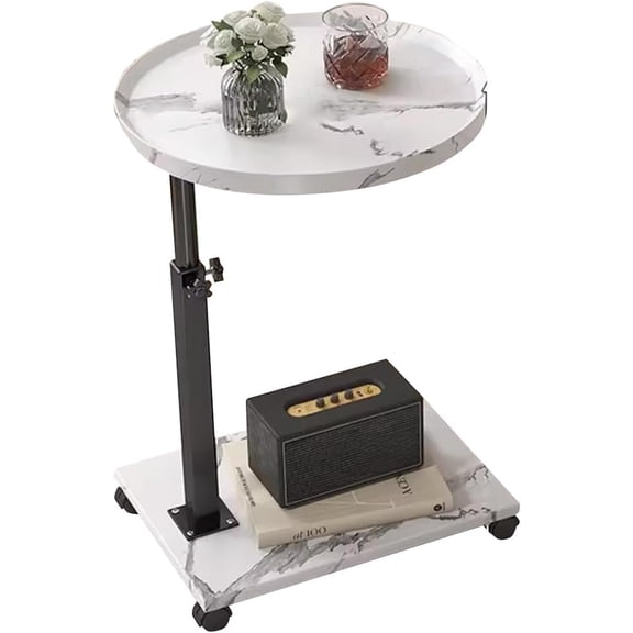 Twister.CK Sofa Side Table, C-Shape Tray Table with Wheels, Round Couch Coffee End Table, Adjustable Height for Home Office, White