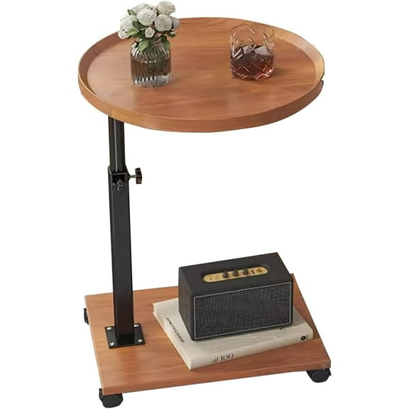 Twister.CK Sofa Side Table, C-Shape Tray Table with Wheels, Round Couch Coffee End Table, Adjustable Height for Home Office, Wood color