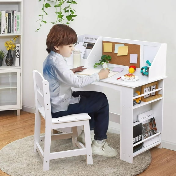 Twister.CK Study Desk and Chair Set, Learning Desk for Kids, with Bookshelf, Bulletin Board, Cabinets, for Children Ages 3-8, White