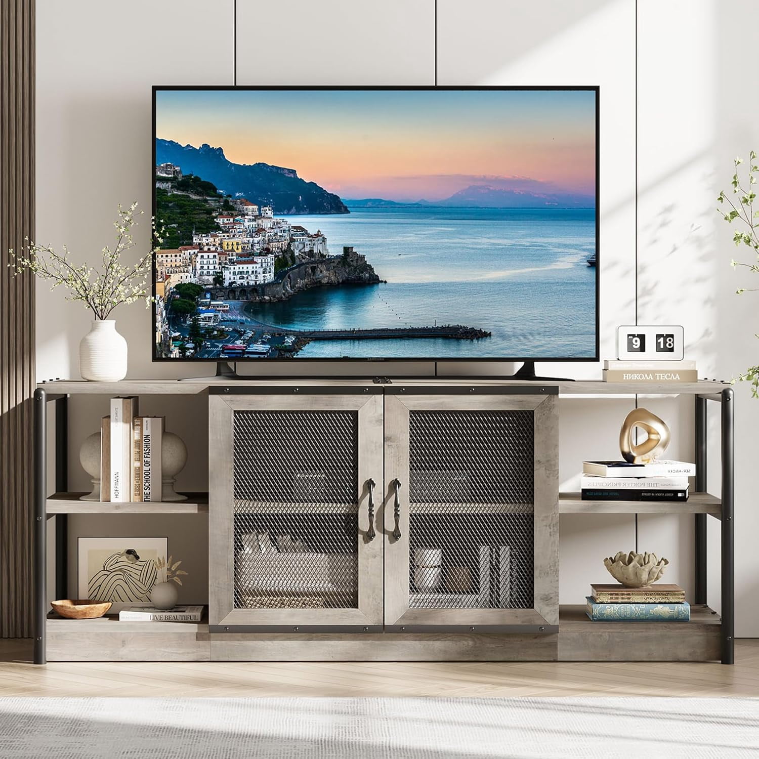 Twister.CK TV Stand for TVs up to 75", Entertainment Center with Storage Cabinet, Rustic TV Media Console Table for Living Room, Gray