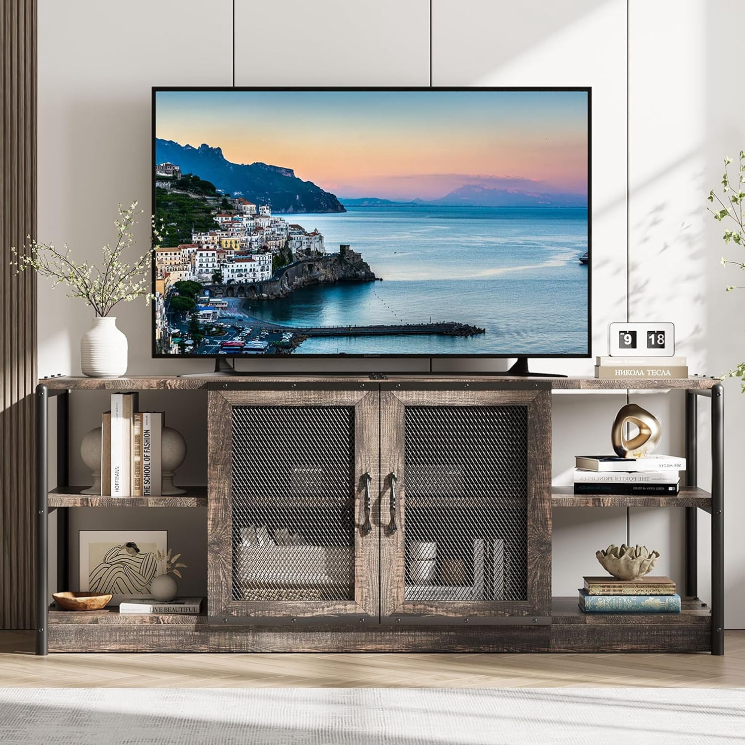 Twister.CK TV Stand for TVs up to 75", Entertainment Center with Storage Cabinet, Rustic TV Media Console Table for Living Room, Rustic Oak