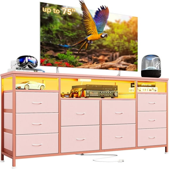 Twister.CK TV Stand for TVs up to 75", with LED Lights & Power Outlets, 10-Drawer Dresser Storage Chest for Bedroom, Living Room, Pink