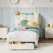 Memoryfield Twin Bed Frame with Bookcase Headboard, Upholstered Platform Bed Frame with Under-Bed Drawer, No Box Spring Needed/Noise-Free, Beige
