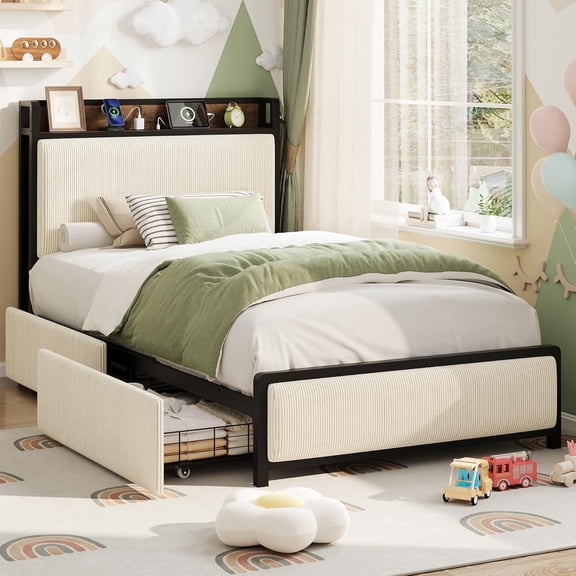 Memoryfield Twin Size Bed Frame with 2 Storage Drawers and Charging Station, Rustic Velvet Upholstered Platform Bedframe with Storage Headboard, No Box Spring Needed, Noise Free, Beige