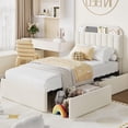 thumbnail image 1 of Memoryfield Twin Size Bed Frame, Boucle Upholstered Platform Bed with 2 Flexible Drawers, Bookcase Headboard, No Box Spring Needed, Beige, 1 of 8
