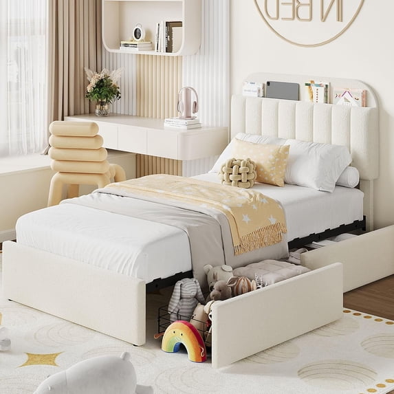 Memoryfield Twin Size Bed Frame, Boucle Upholstered Platform Bed with 2 Flexible Drawers, Bookcase Headboard, No Box Spring Needed, Beige