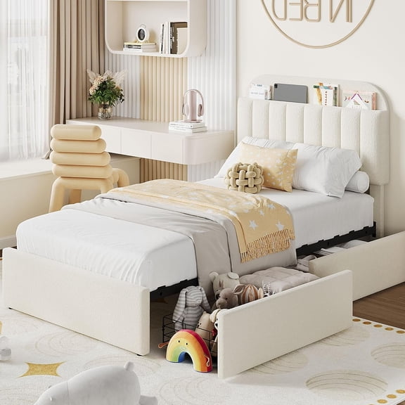 Memoryfield Twin Size Bed Frame, Boucle Upholstered Platform Bed with 2 Flexible Drawers, Bookcase Headboard, No Box Spring Needed, Beige