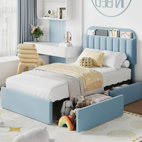 Twister.CK Twin Size Bed Frame, Boucle Upholstered Platform Bed with 2 Flexible Drawers, Bookcase Headboard, No Box Spring Needed, Blue
