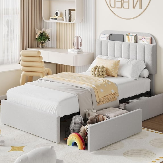 Memoryfield Twin Size Bed Frame, Boucle Upholstered Platform Bed with 2 Flexible Drawers, Bookcase Headboard, No Box Spring Needed, Gray