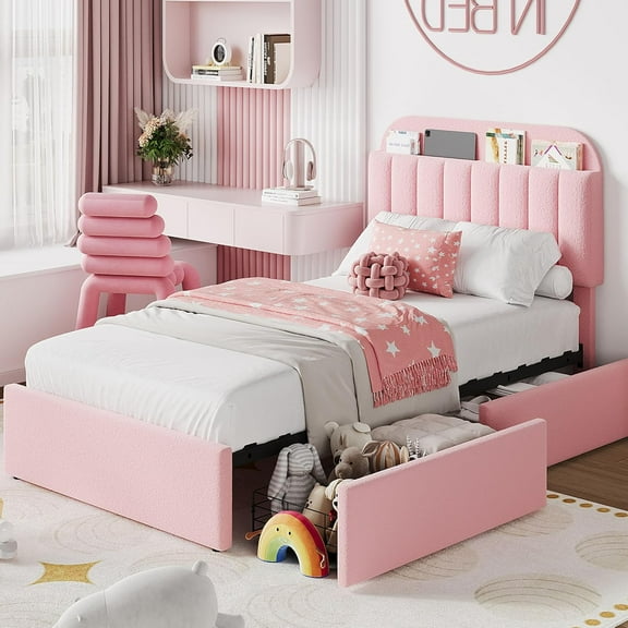Twister.CK Twin Size Bed Frame, Boucle Upholstered Platform Bed with 2 Flexible Drawers, Bookcase Headboard, No Box Spring Needed, Pink