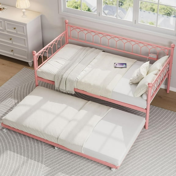 Twister.CK Twin Size Daybed Frame with Trundle, Metal Platform Sofa Bed Frame with LED Lights and Charging Station, for Small Spaces, Pink