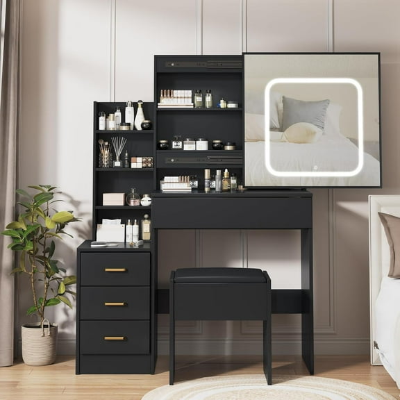 Twister.CK Vanity Desk Set with Sliding Mirror, 3 Color LED Lights and Power Outlet, Makeup Vanity Table with Chair, Dressing Table for Bedroom, Black