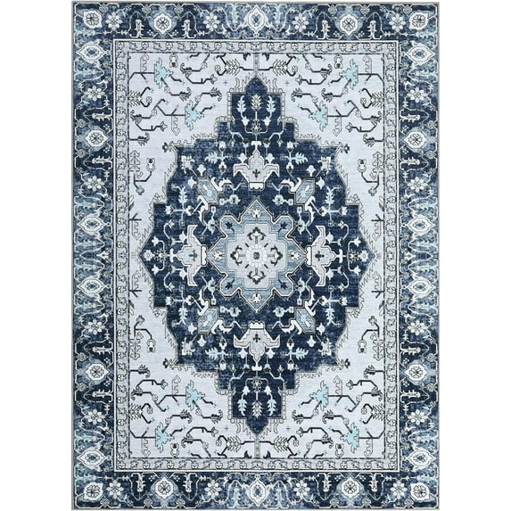 Twister.CK Washable Vintage Floral Area Rug 9x12- Non-Slip Print, Non-Shedding, Soft Foldable Carpets for Dining Room, Bedroom, Living Room, Kitchen Entryway, Blue
