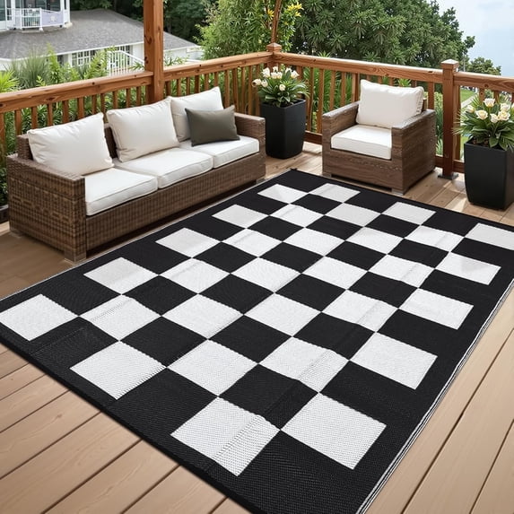 Memoryfield Waterproof 9' x 12' Outdoor Rug, Reversible Plastic Straw Rugs, Foldable Modern Geometric Plaid Outside Camping Carpet for Picnic, Backyard, Deck, Black & White