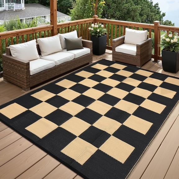 Memoryfield Waterproof 9' x 12' Outdoor Rug, Reversible Plastic Straw Rugs, Foldable Modern Geometric Plaid Outside Camping Carpet for Picnic, Backyard, Deck, Black & Brown