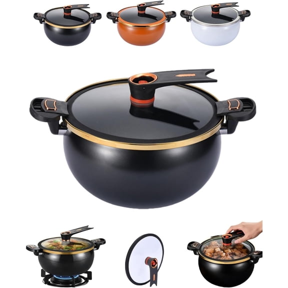 Twisting Handle Pot, 8L Micro Pressure Cooker, Non Stick Stewpot with Locking Lid, Large Capacity Soup Stockpot for Gas Induction Stove, Low Press Safety Valve, Fast Cooking Cookware(Black)