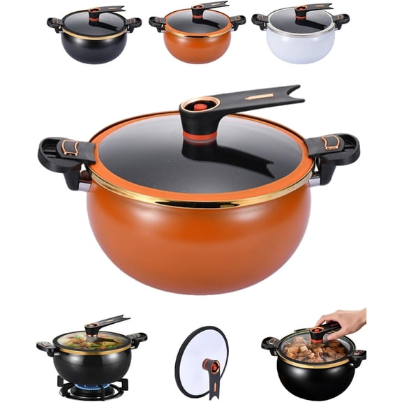 Twisting Handle Pot, 8L Micro Pressure Cooker, Non Stick Stewpot with Locking Lid, Large Capacity Soup Stockpot for Gas Induction Stove, Low Press Safety Valve, Fast Cooking Cookware(Black)