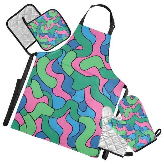 Twisty Bold Line 5 Pcs Kitchen Set Heat Resistant Oven Mitts and Non-Slip Pot Holders with Adjustable Cooking Apron