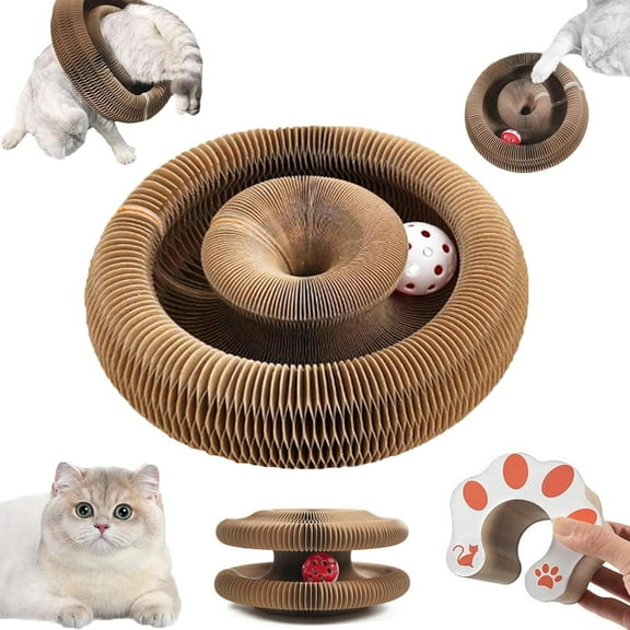 Twisty Paws Cat Toy, 2-in-1 Foldable Interactive Cat Scratcher with Bell-Ball Track, Twisty Cardboard Tunnel Toy for Indoor Cats