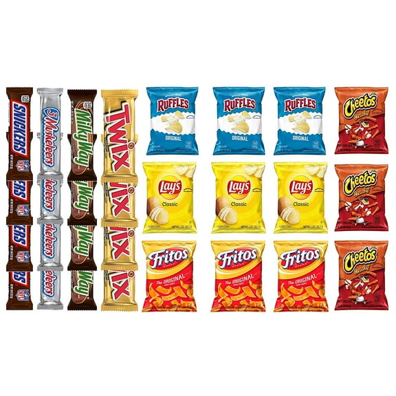 Twix, MilkyWay, 3 Musketeers, Snickers Full Size Chocolate Bars & Ruffles, Lays Classic, Cheetos Crunchy and Fritos Original Mix Snack Verity  Pack of 28